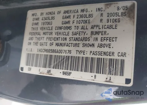 2006 Honda Accord 3.0 Ex из США, поврежденный, VIN 1HGCM66586A007676